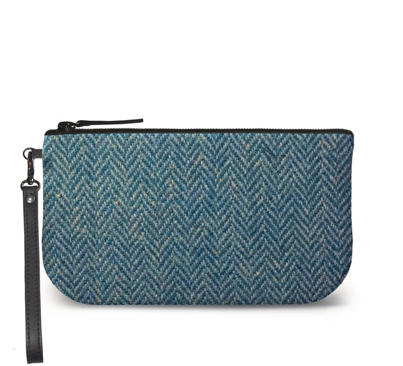 Blue Harris Tweed Small Wristlet Clutch Front View