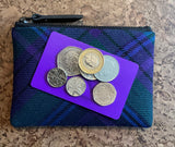 Spirit of Scotland Tartan Coin Purse with coins and card
