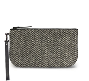 Black White Harris Tweed Small Wristlet Clutch Front View